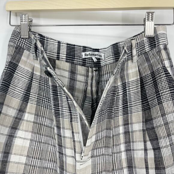 Reformation | NEW Vesta Plaid Linen Wide Leg Trousers Black White 0 - Picture 8 of 13
